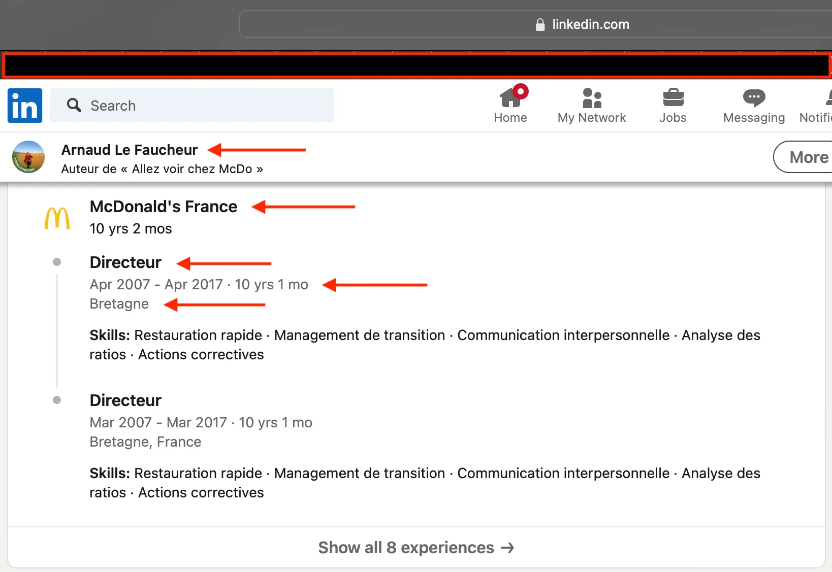Arnaud Le Faucheur LinkedIn showing McDonald's employment
